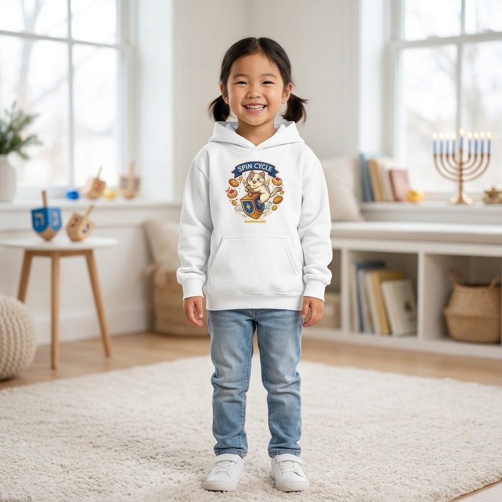 Spin Cycle — Chaotic Hanukkah 2026 Dreidel Rodeo Cat Kids Hoodie