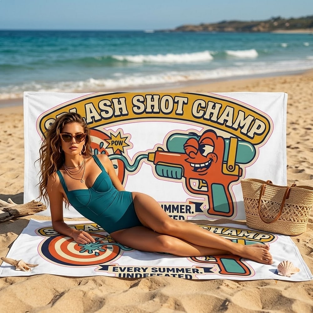 Splash Shot Champ — Retro Carnival Water Gun Bullseye Beach Towel
