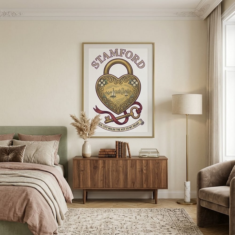 Stamford — Lock City Holds the Key to My Heart Vintage Heart Padlock Stretched Canvas