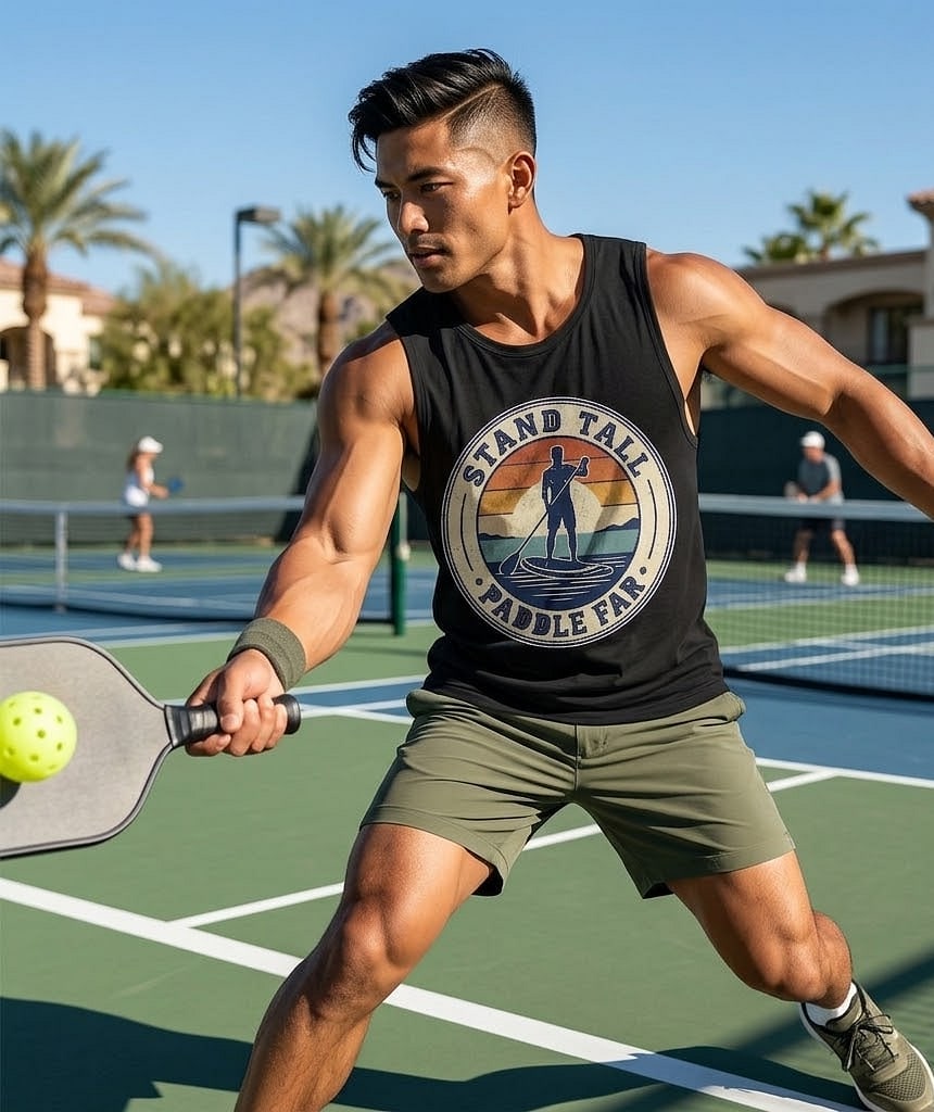 Stand Tall, Paddle Far — Retro Sunset SUP Emblem Men's Muscle Tank