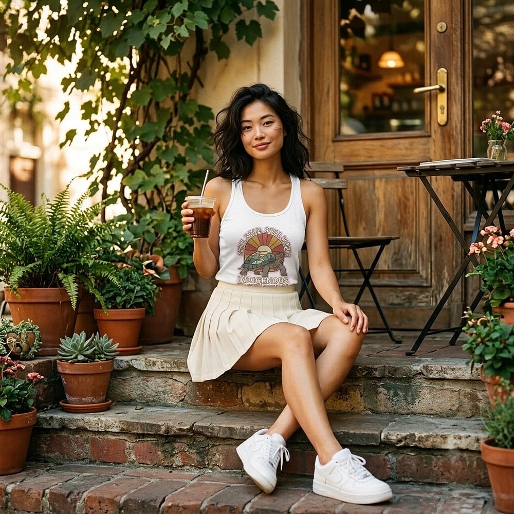 Still Here, Still Rising — Retro Sunrise Turtle Indigenous Peoples' Day 2026 Women's Racerback Tank