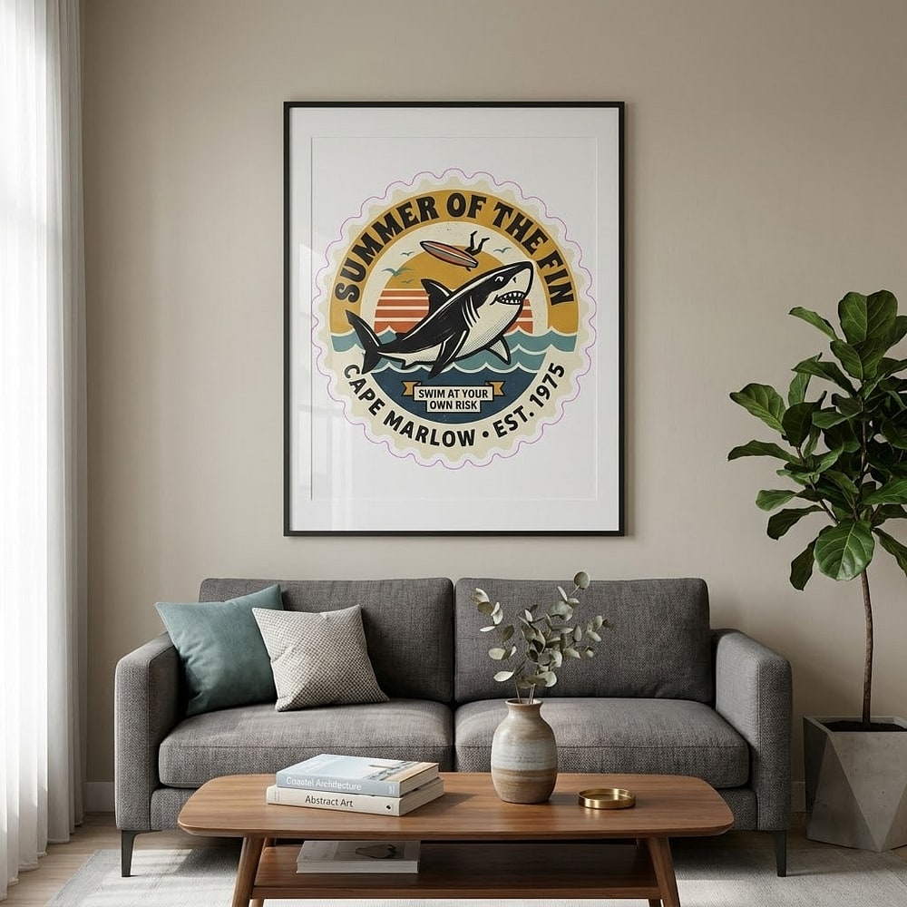 Summer Of The Fin — Nostalgic 70s Beach-Town Shark Badge Stretched Canvas