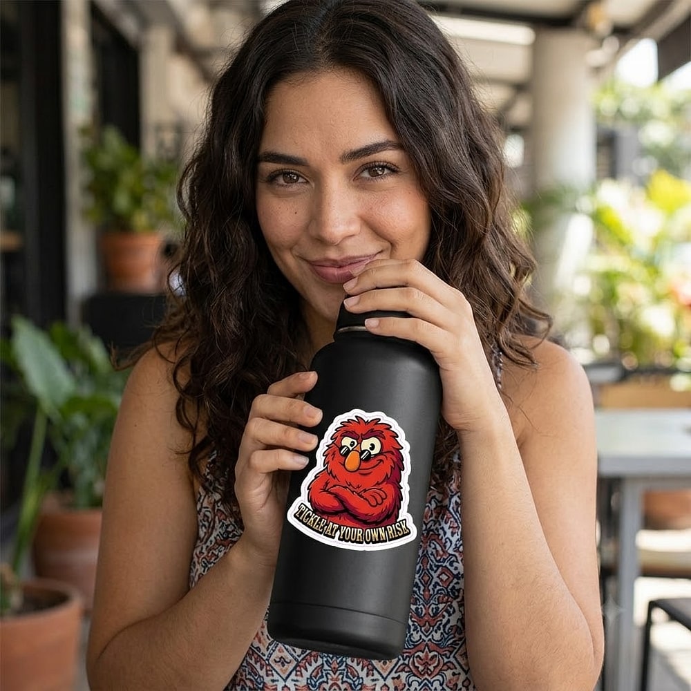Tickle At Your Own Risk — Sassy Scarlet Fuzz Monster Die-Cut Sticker