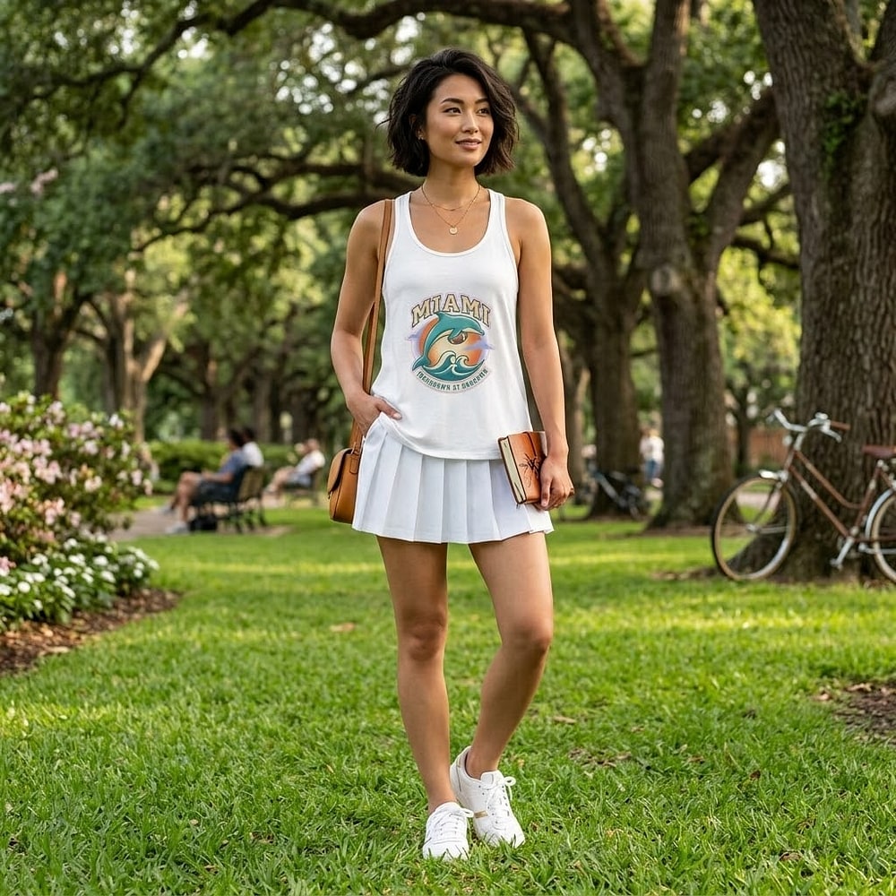 Touchdown at Sundown — Dreamy Miami Aqua & Orange Football Dolphin Women's Racerback Tank