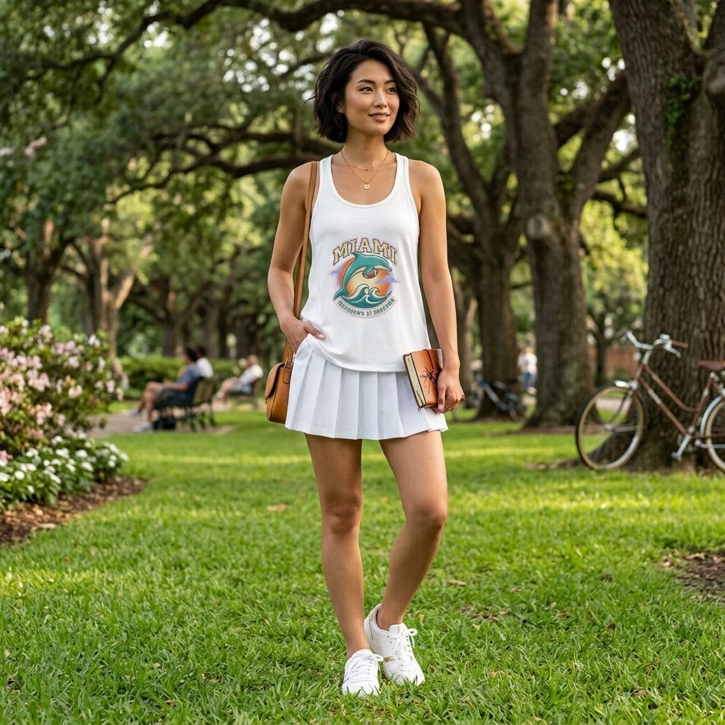 Touchdown at Sundown — Dreamy Miami Aqua & Orange Football Dolphin Women's Racerback Tank
