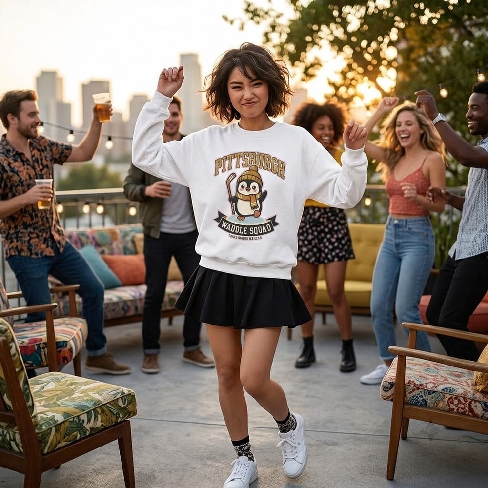 Waddle Squad — Kawaii Pittsburgh Black & Gold Hockey Penguin Crewneck Sweatshirt